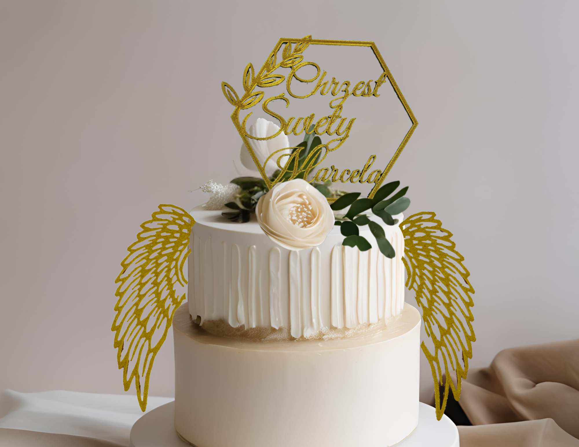 Topper boczny na Pierwszą Komunię Świętą Chrzest Święty Dekoracja tortu • Złoty, elegancki skrzydla 3 - zdjęcie 4