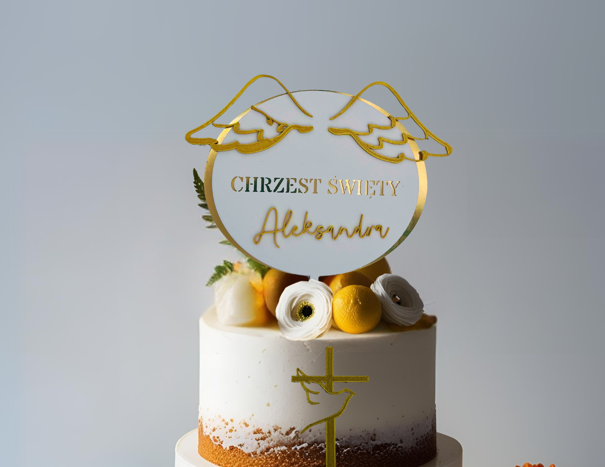 Topper boczny na Pierwszą Komunię Świętą Chrzest Święty Dekoracja tortu • Złoty, elegancki gołąb krzyż - zdjęcie 3