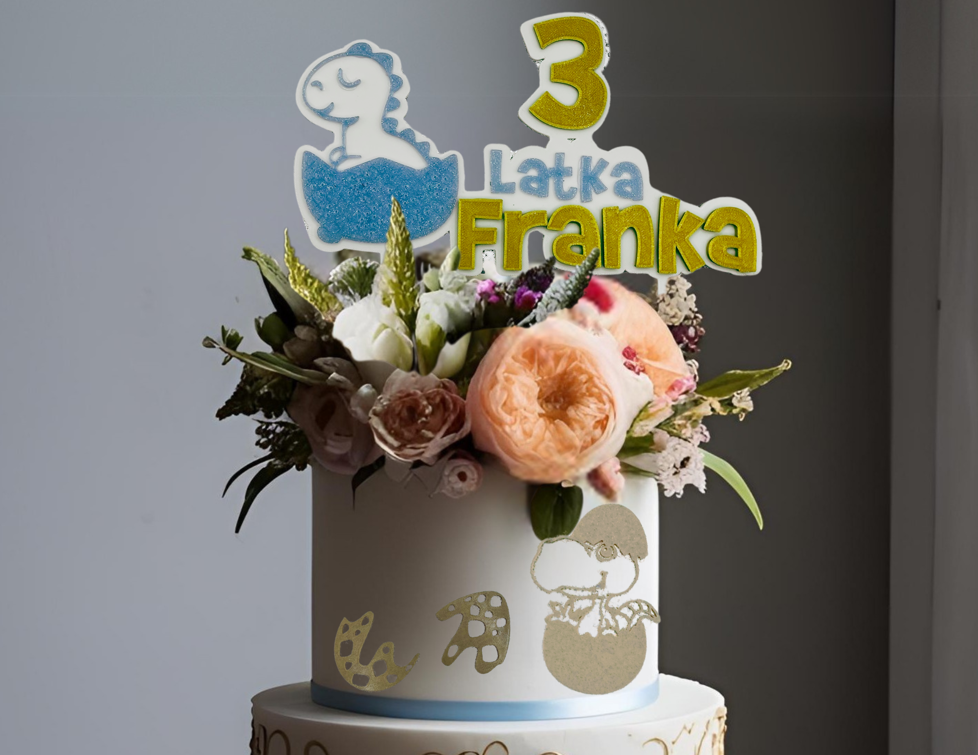 Topper boczny jajo i dinozaur  Dekoracja tortu  personalizowanan marmurkowa kaszmirowa - zdjęcie 5