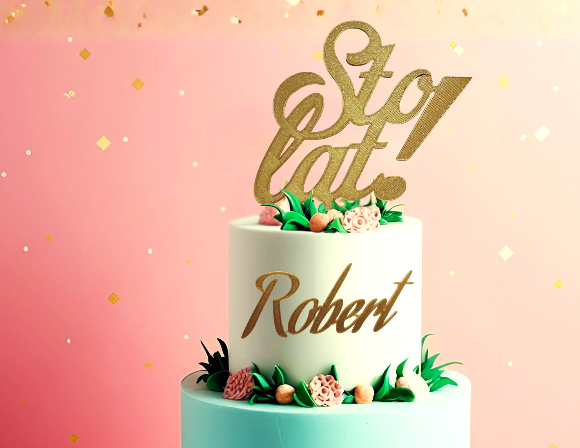 Złoty topper boczny imię lub Twój tekst z mocowaniami elegancka dekoracja tortu - zdjęcie 4