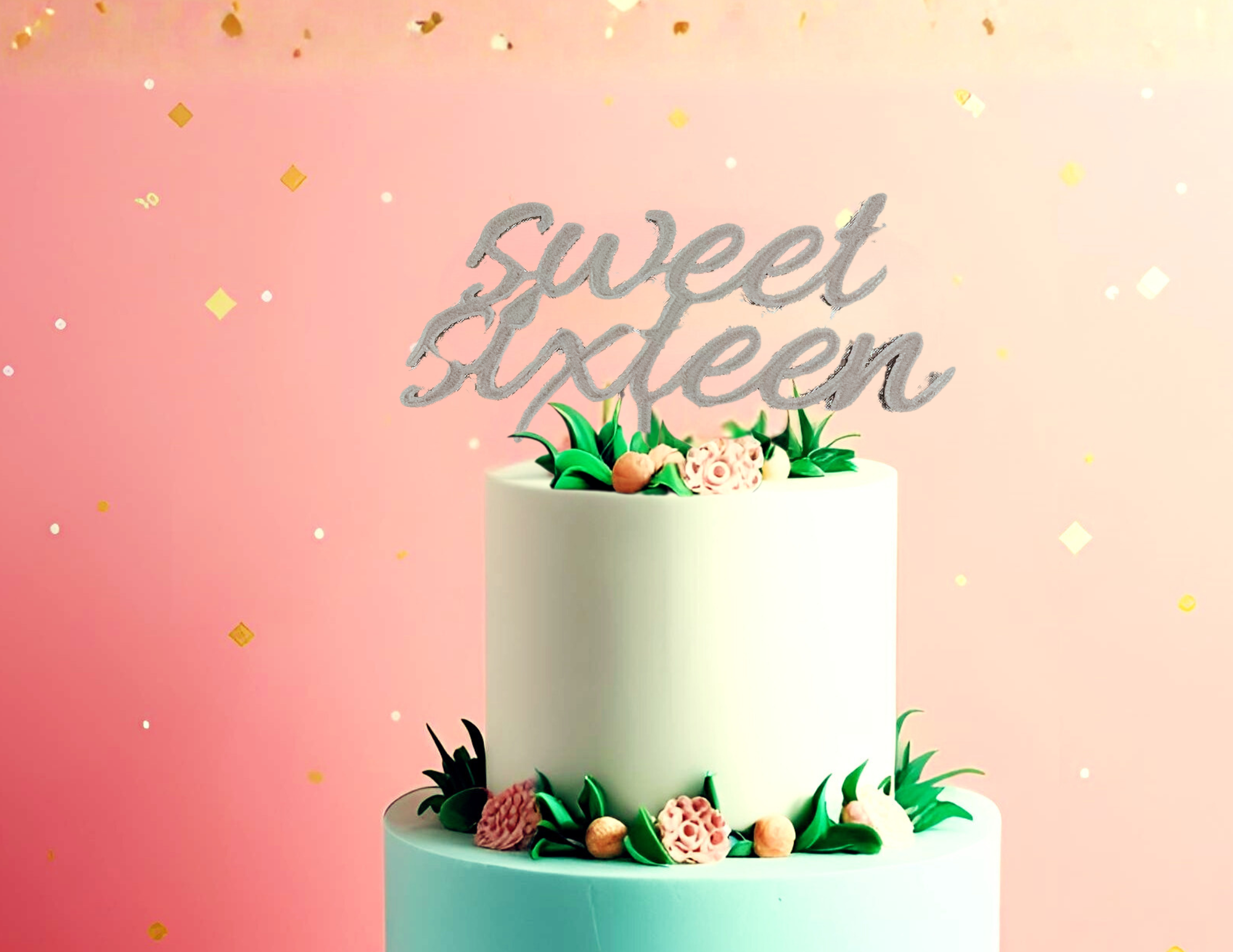 Topper urodziny sweet sixteen złoty dekoracja tortu ozdoba srebrny personalizacja - zdjęcie 4